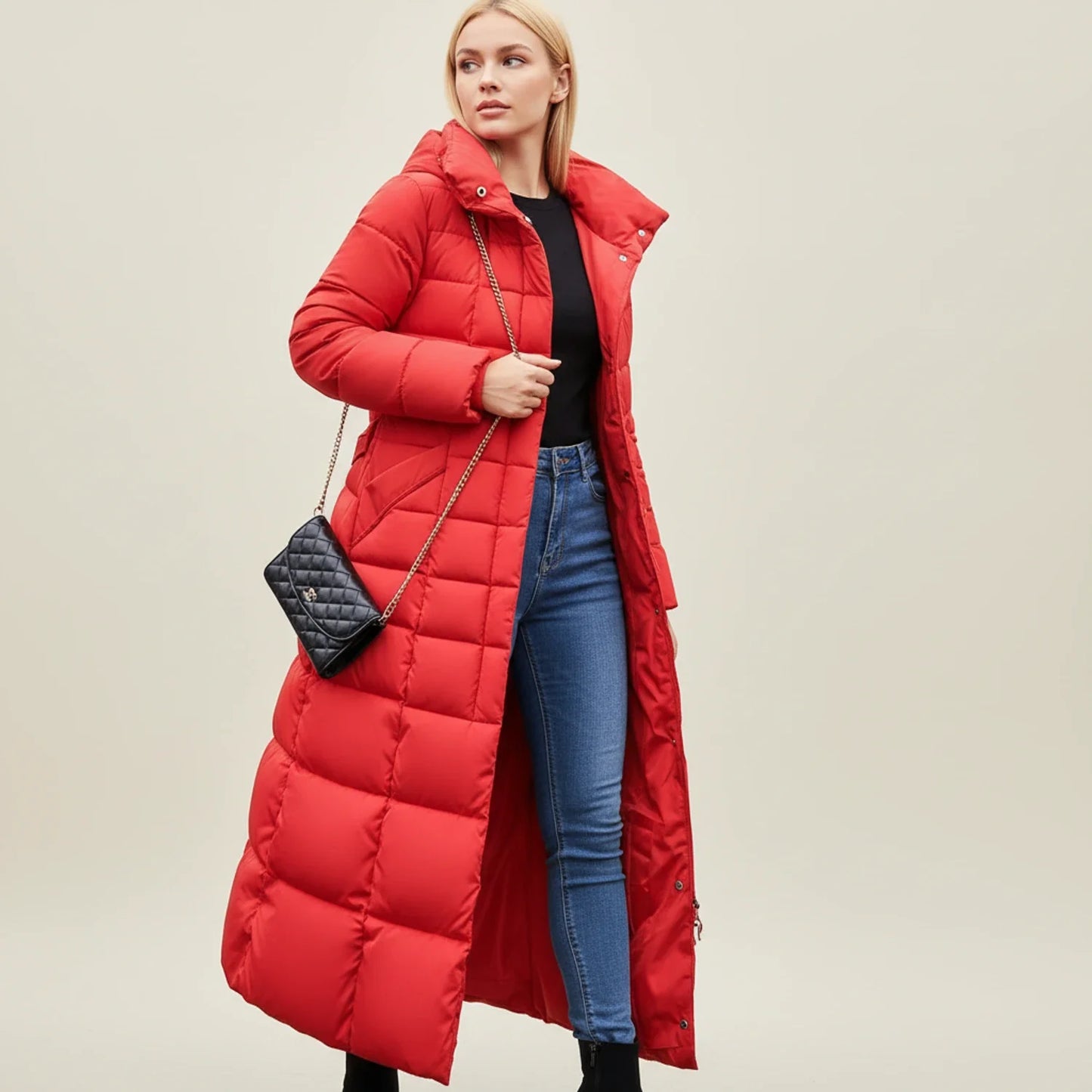 Hooded long puffer winter jacket with belted waist detail for women | Elara