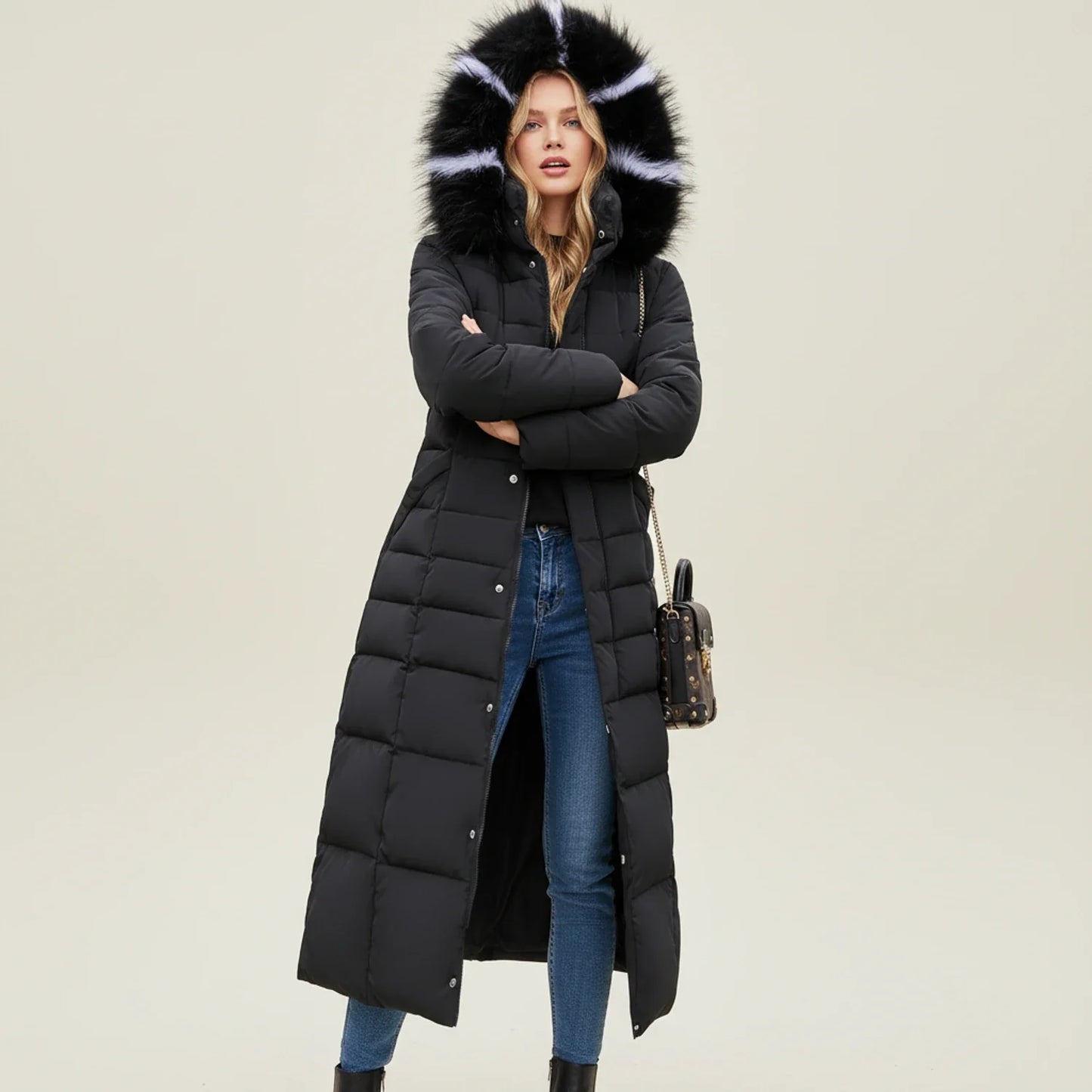 Hooded long puffer winter jacket with belted waist detail for women | Elara