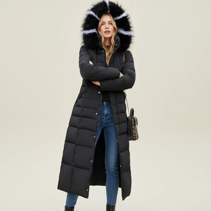 Hooded long puffer winter jacket with belted waist detail for women | Elara