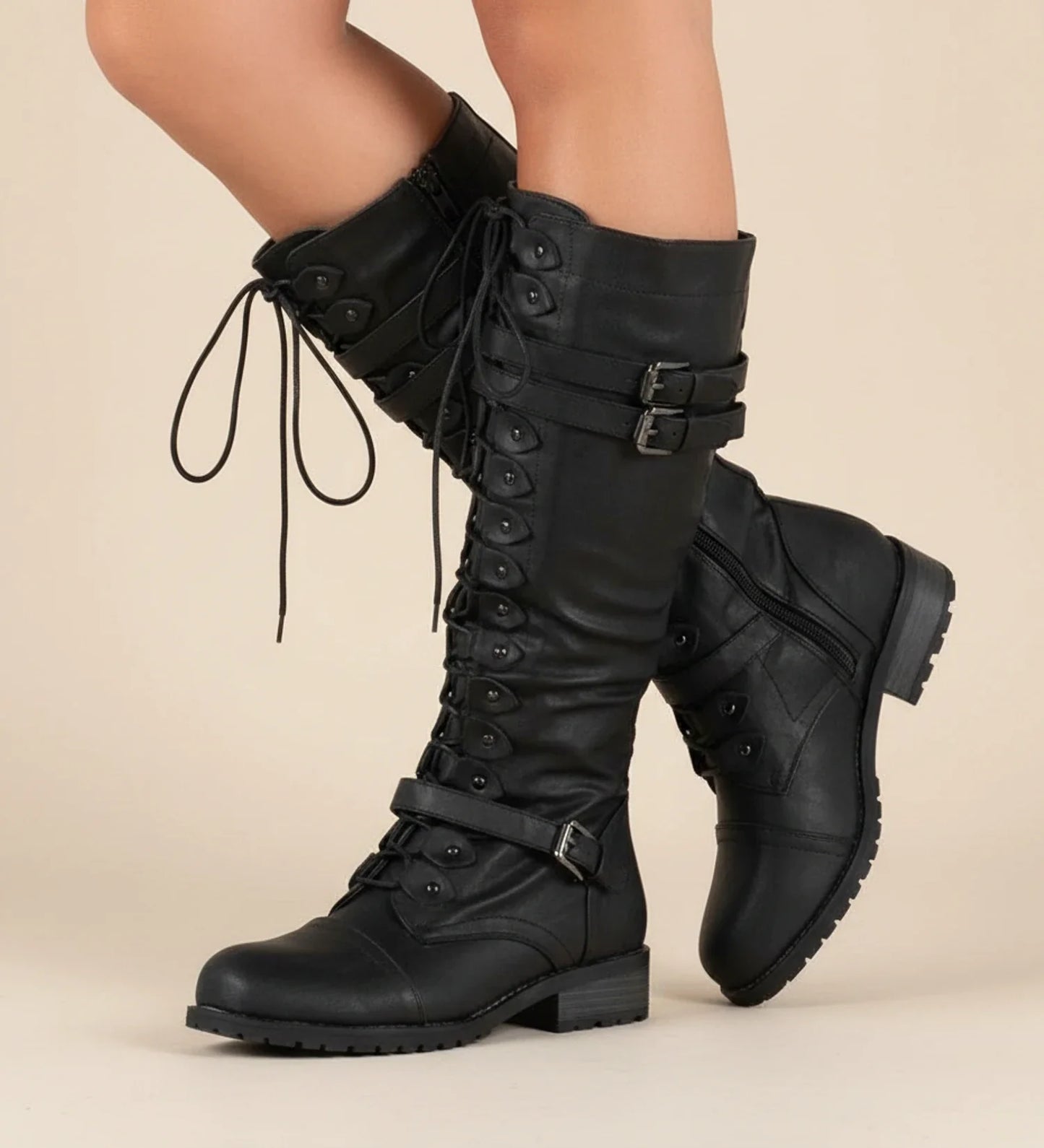 Knee high lace up combat boots with buckle accent detail for women | Raven