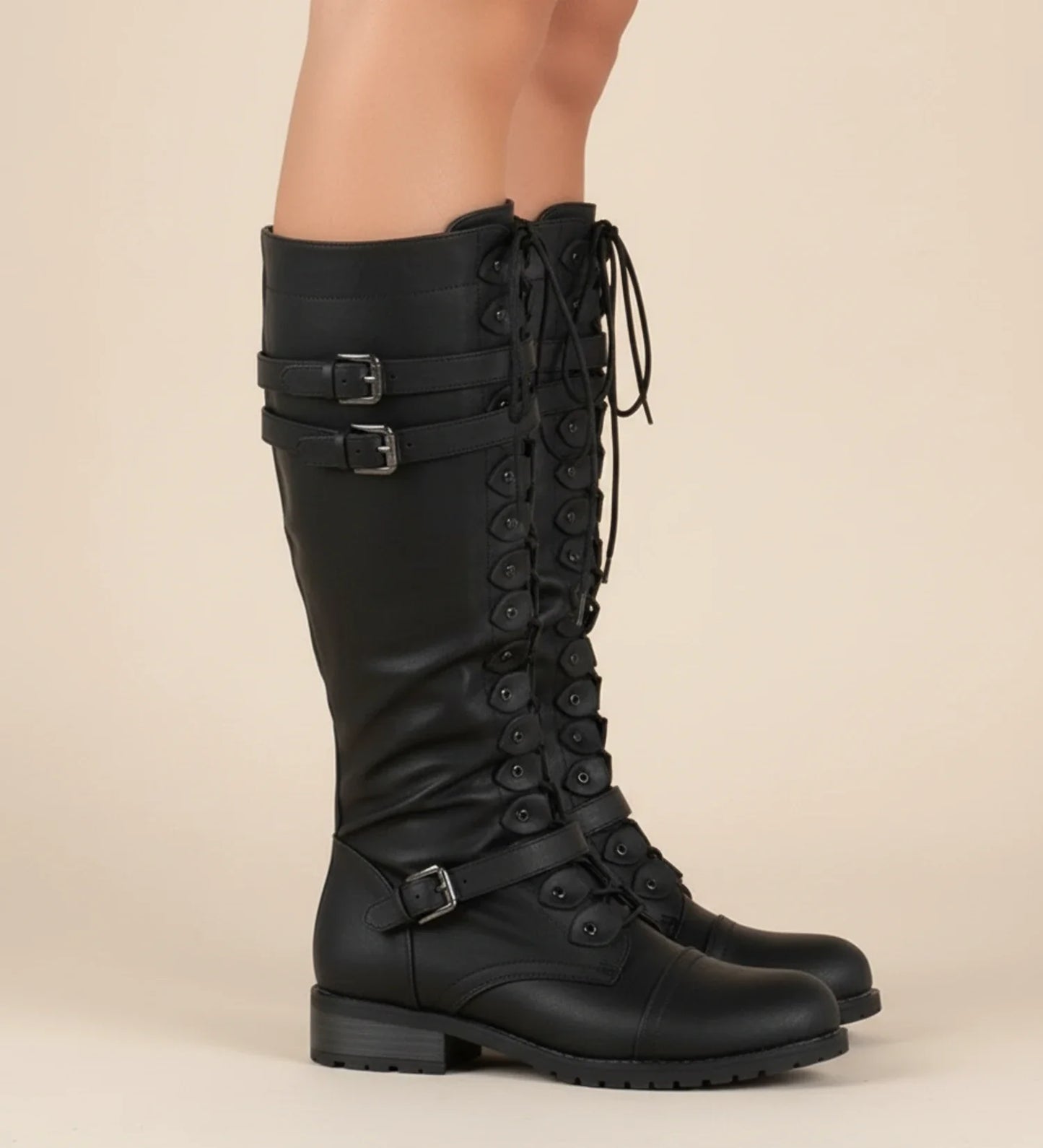 Knee high lace up combat boots with buckle accent detail for women | Raven