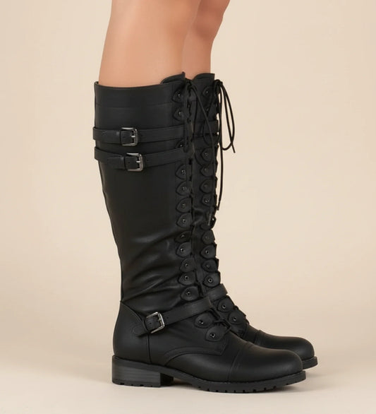 Knee high lace up combat boots with buckle accent detail for women | Raven