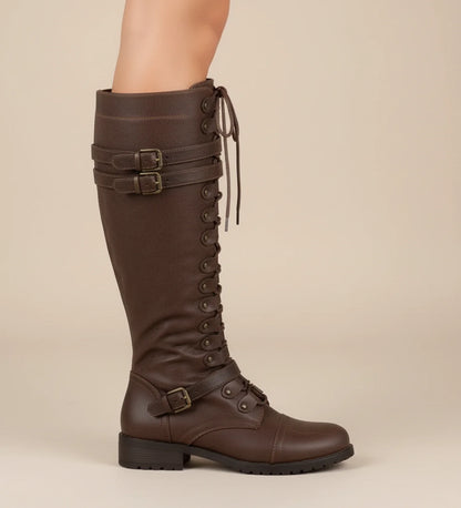 Knee high lace up combat boots with buckle accent detail for women | Raven