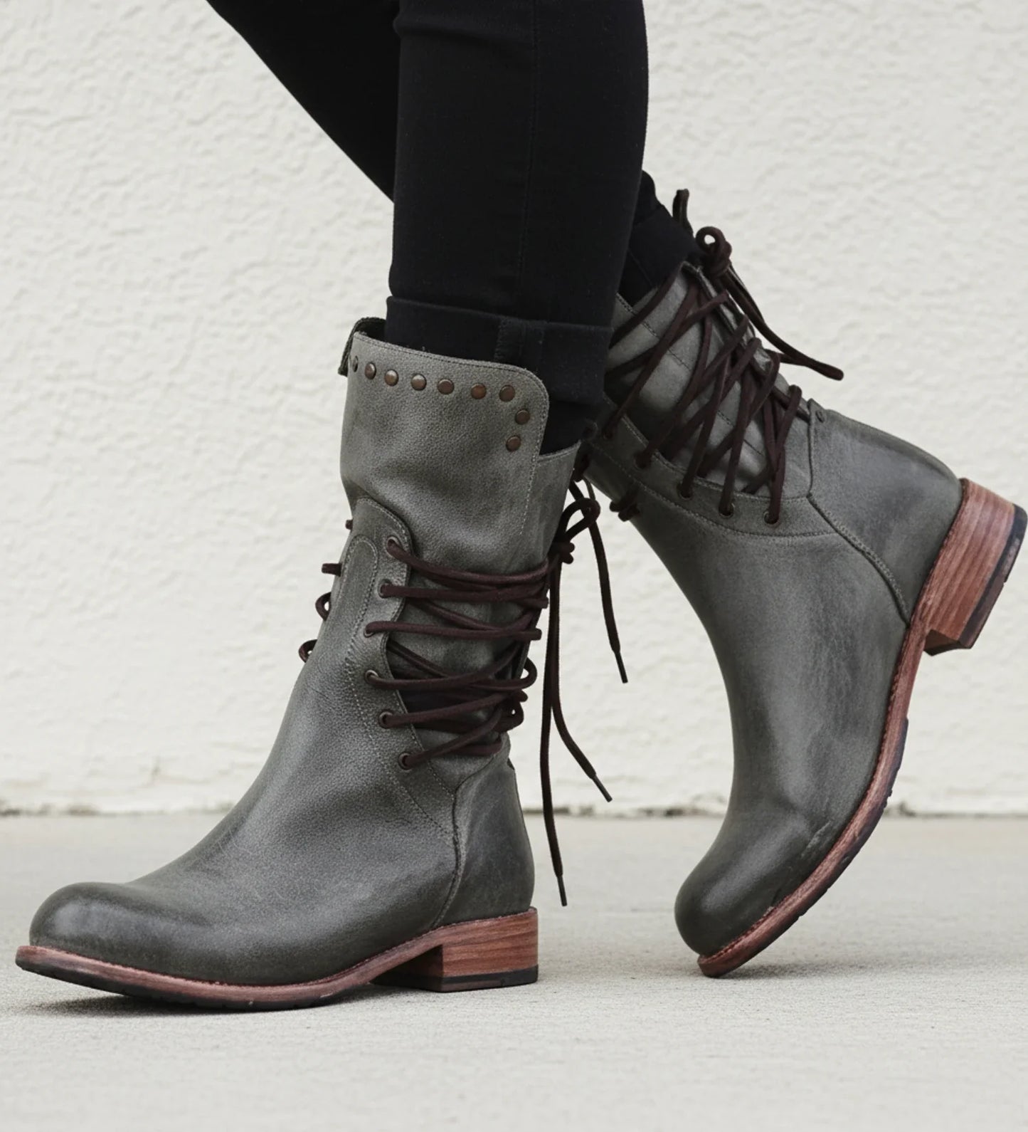 Lace Up Stud Detail Mid Calf Boots for women | Ravelle