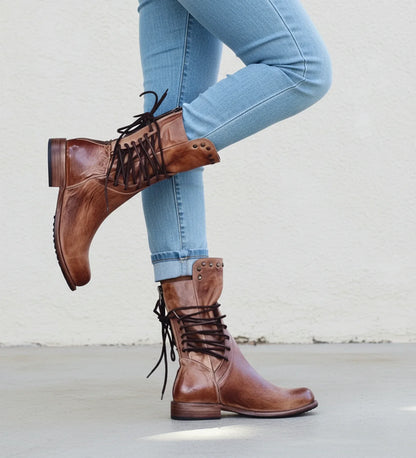 Lace Up Stud Detail Mid Calf Boots for women | Ravelle