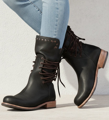Lace Up Stud Detail Mid Calf Boots for women | Ravelle