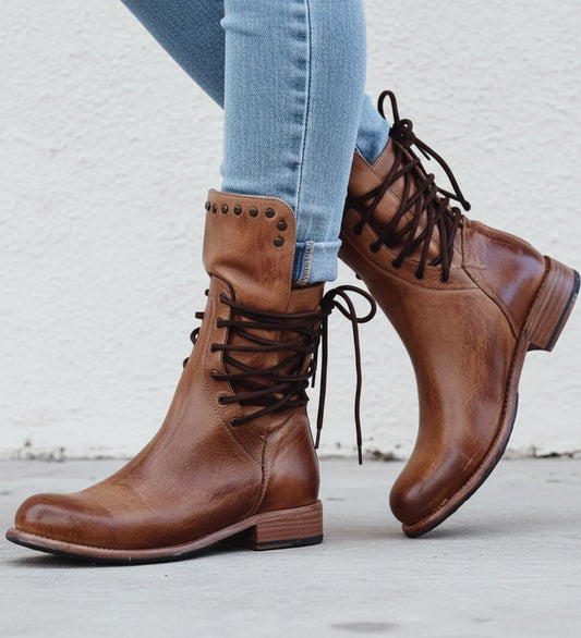 Lace Up Stud Detail Mid Calf Boots for women | Ravelle