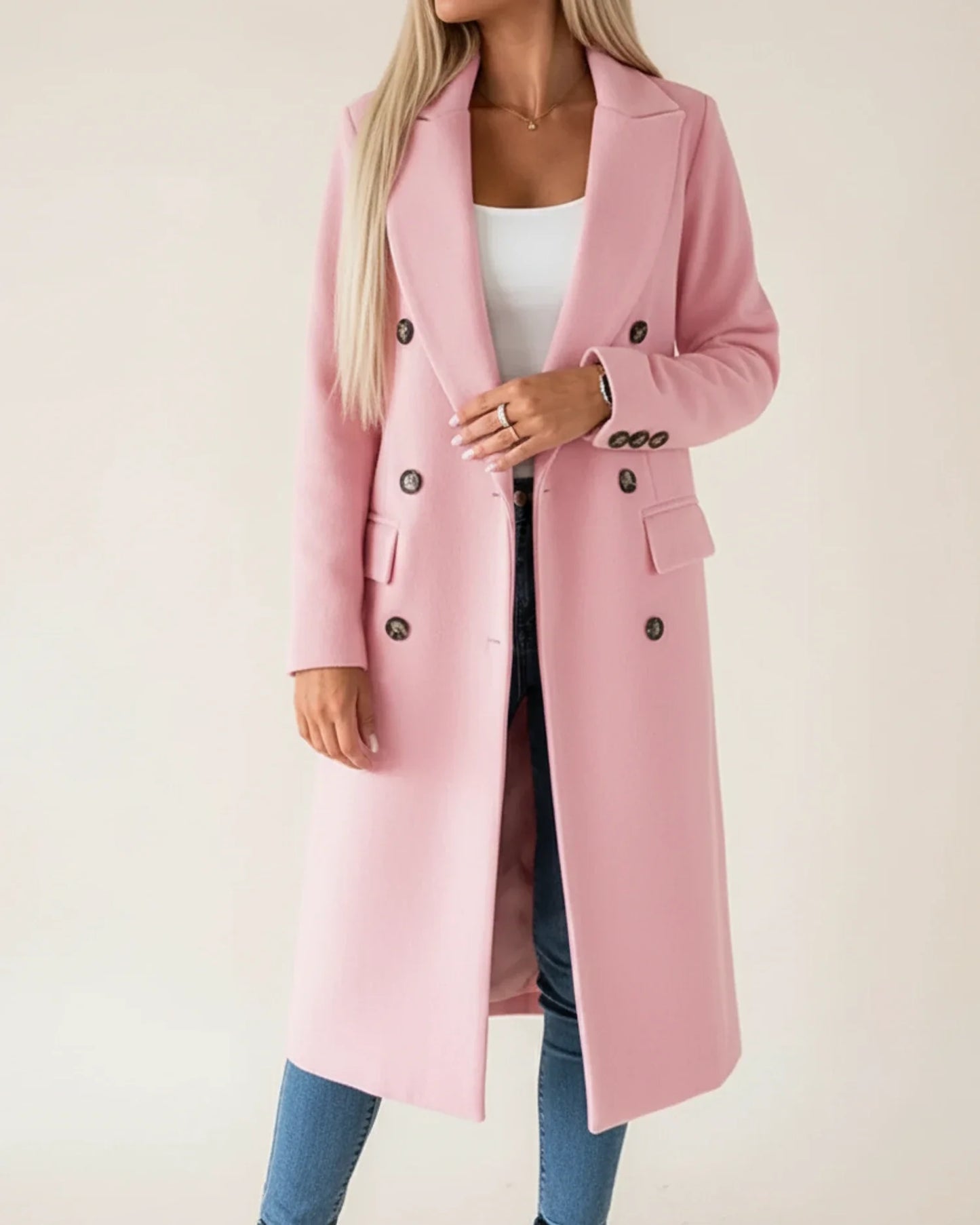 Classic long trench coat with double breasted front detail for women | Amara