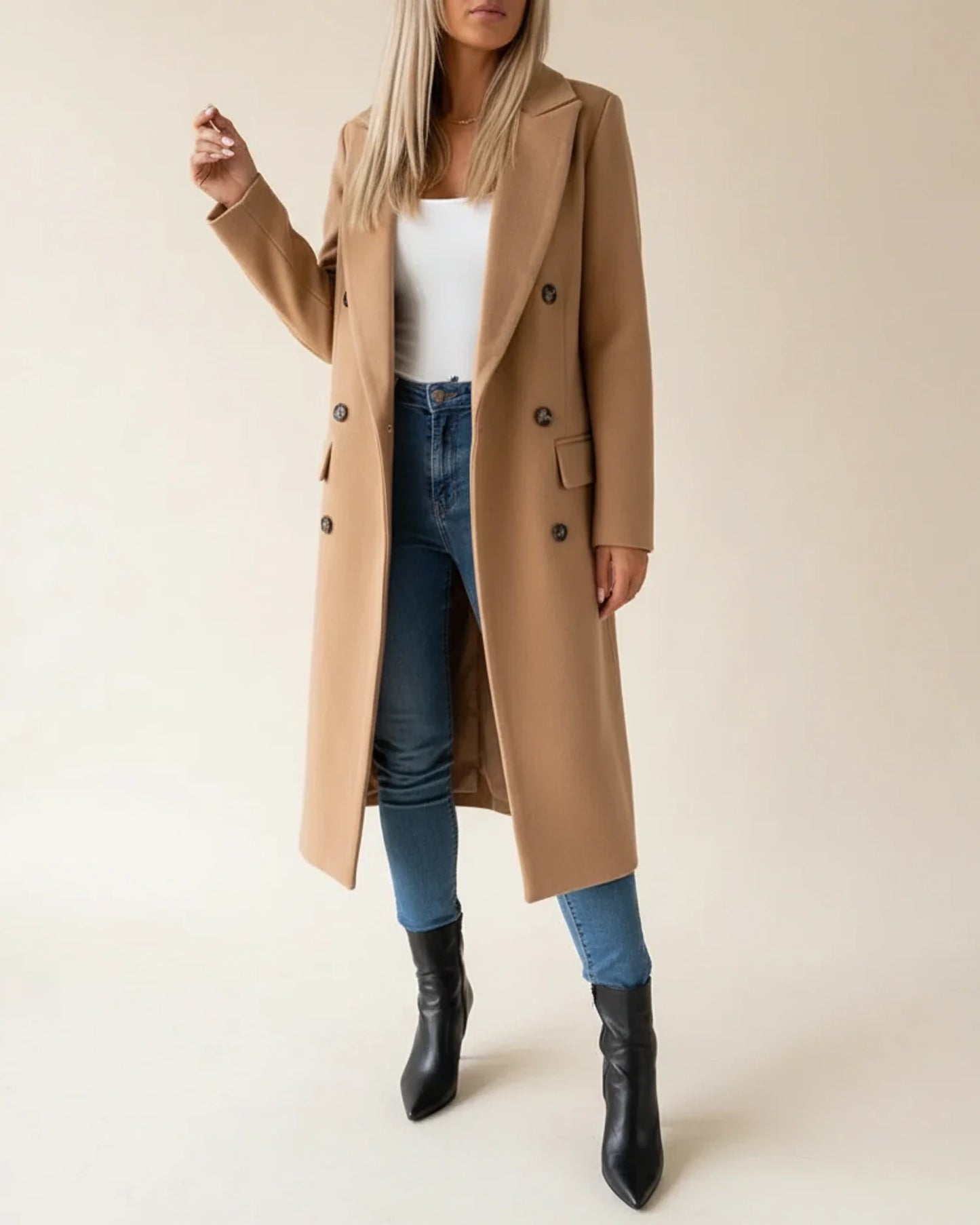 Classic long trench coat with double breasted front detail for women | Amara