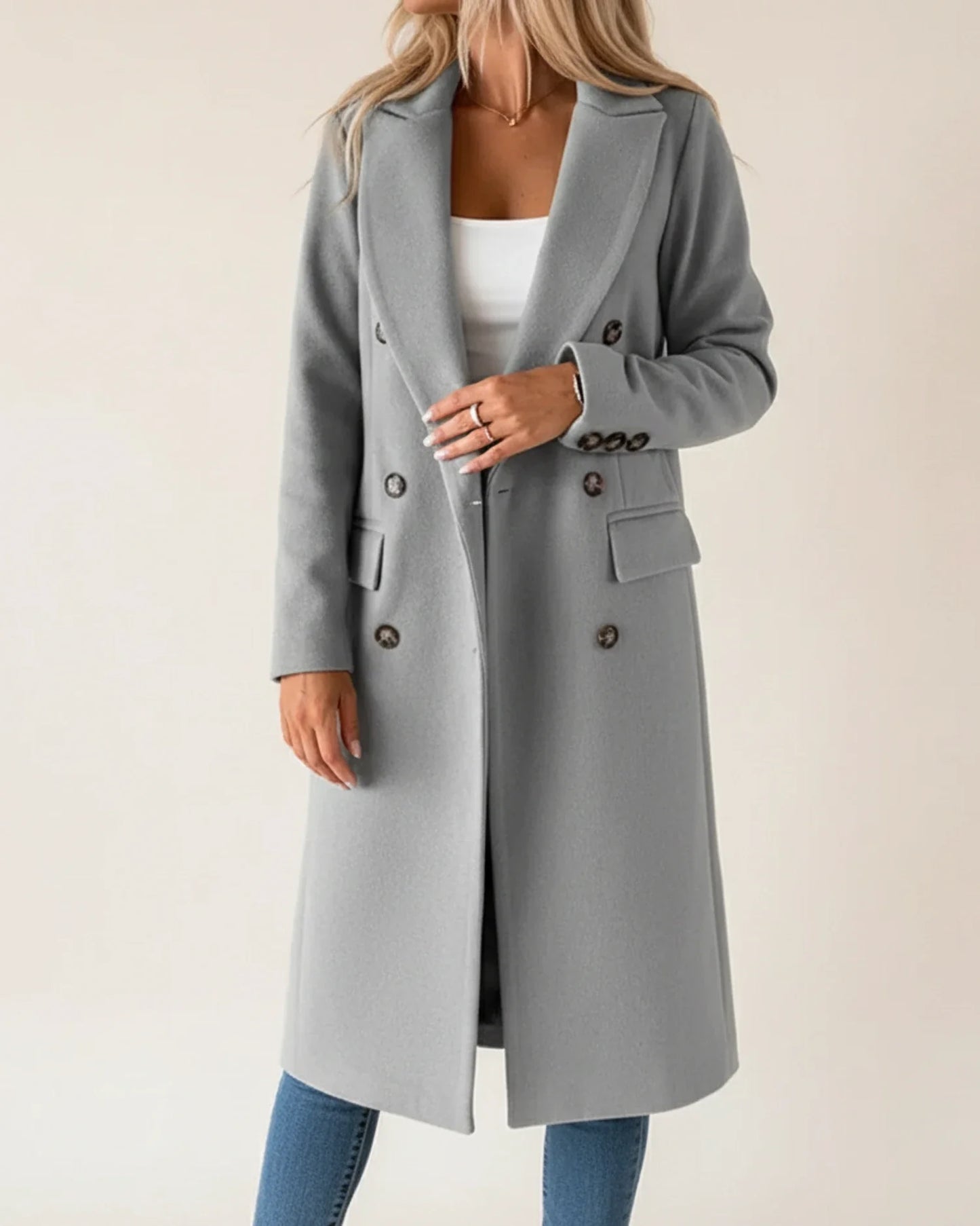 Classic long trench coat with double breasted front detail for women | Amara