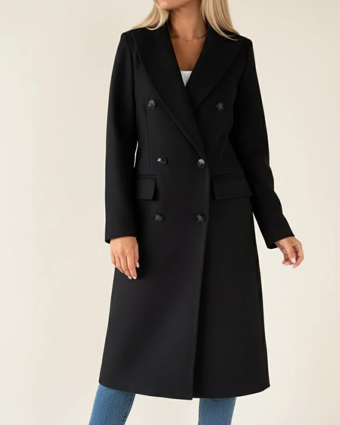 Classic long trench coat with double breasted front detail for women | Amara