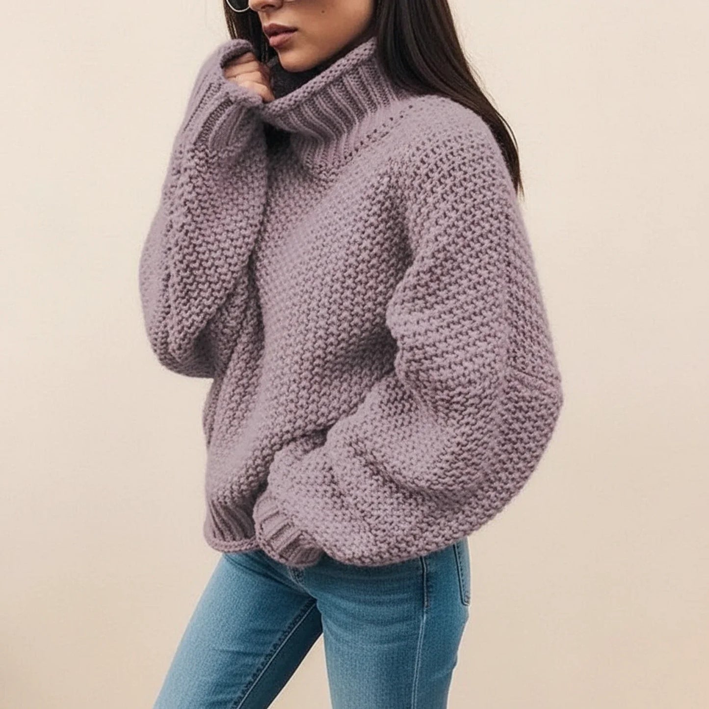 Chunky knit turtleneck sweater with oversized relaxed fit design for women | Mirella
