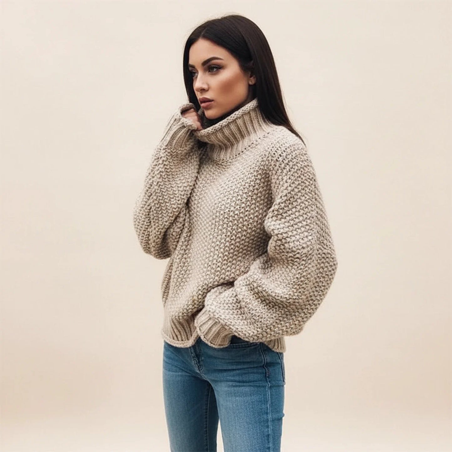 Chunky knit turtleneck sweater with oversized relaxed fit design for women | Mirella