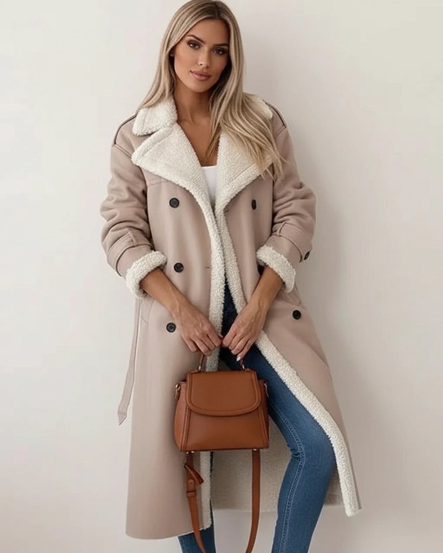 Double Breasted Belted Long Winter Coat for women | Elizara