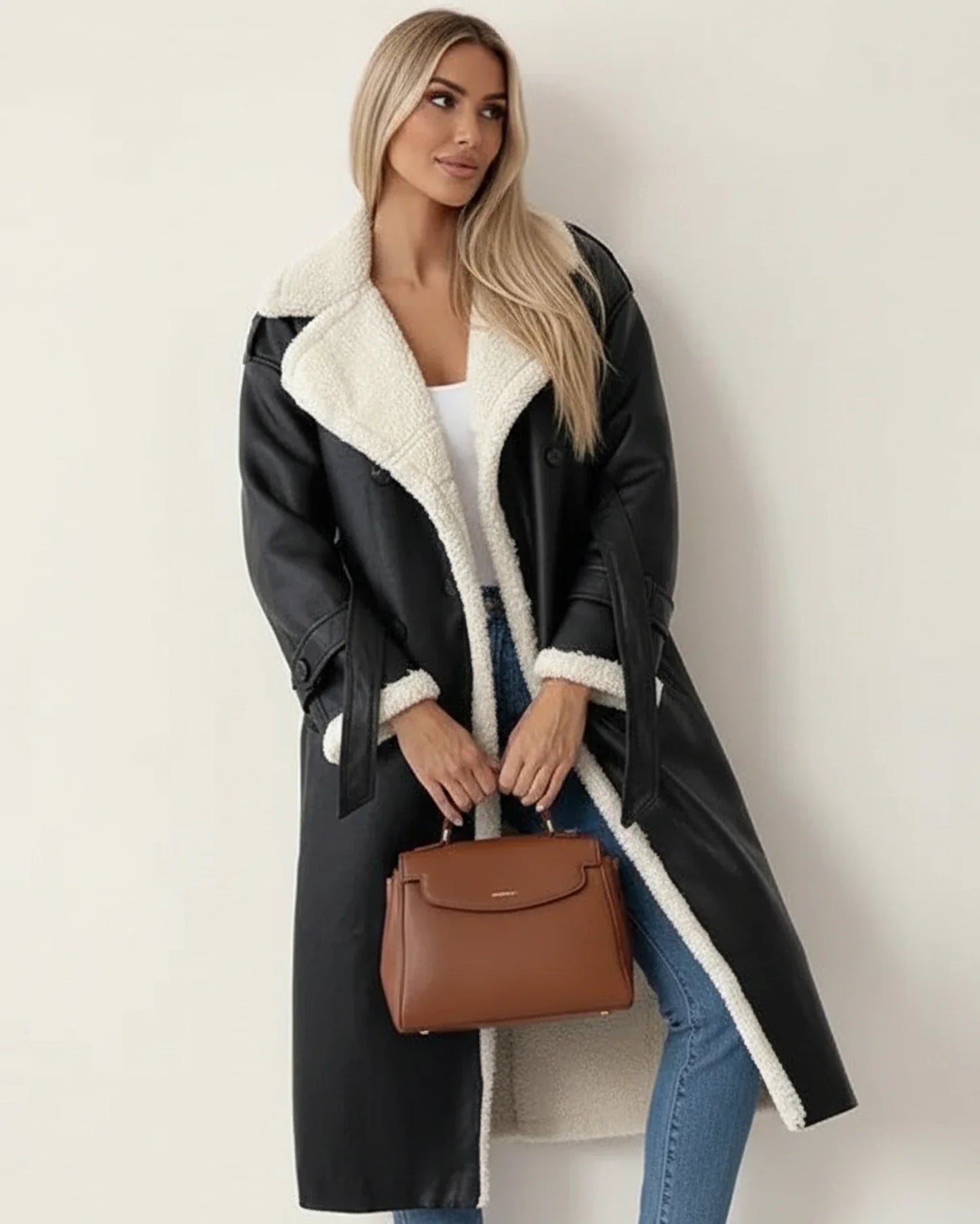 Double Breasted Belted Long Winter Coat for women | Elizara