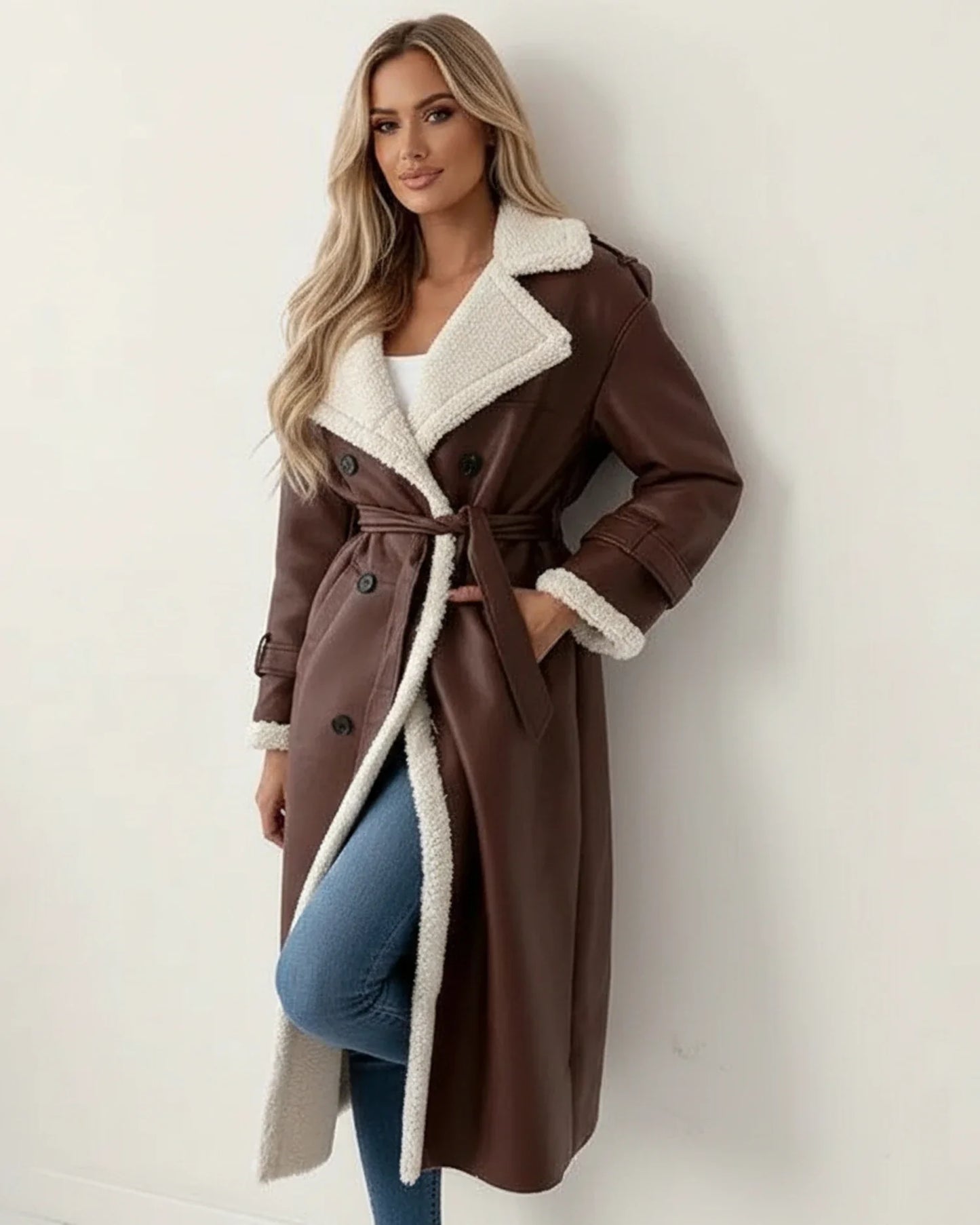 Double Breasted Belted Long Winter Coat for women | Elizara