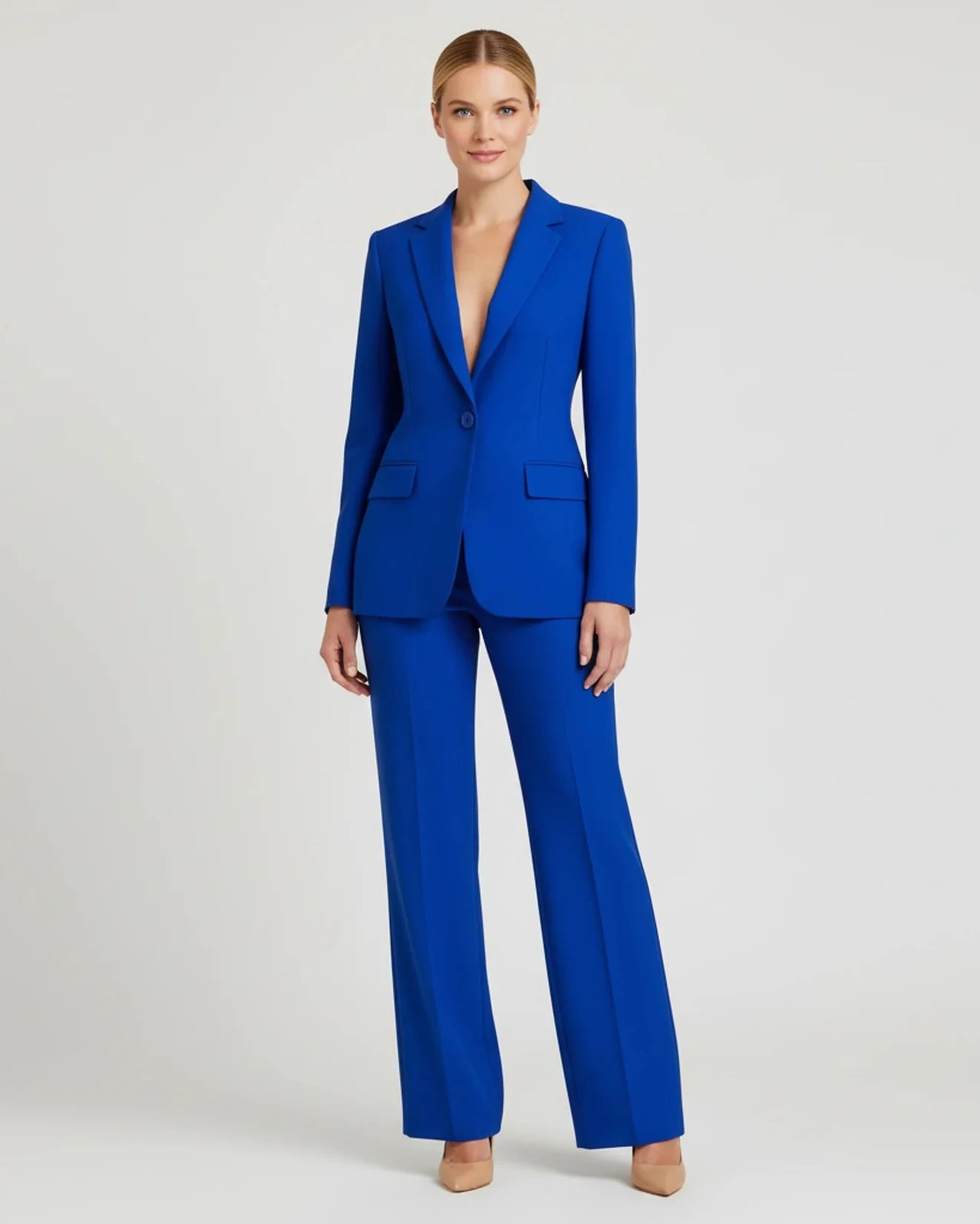 Tailored long blazer suit set with wide leg trousers for women | Vivienne