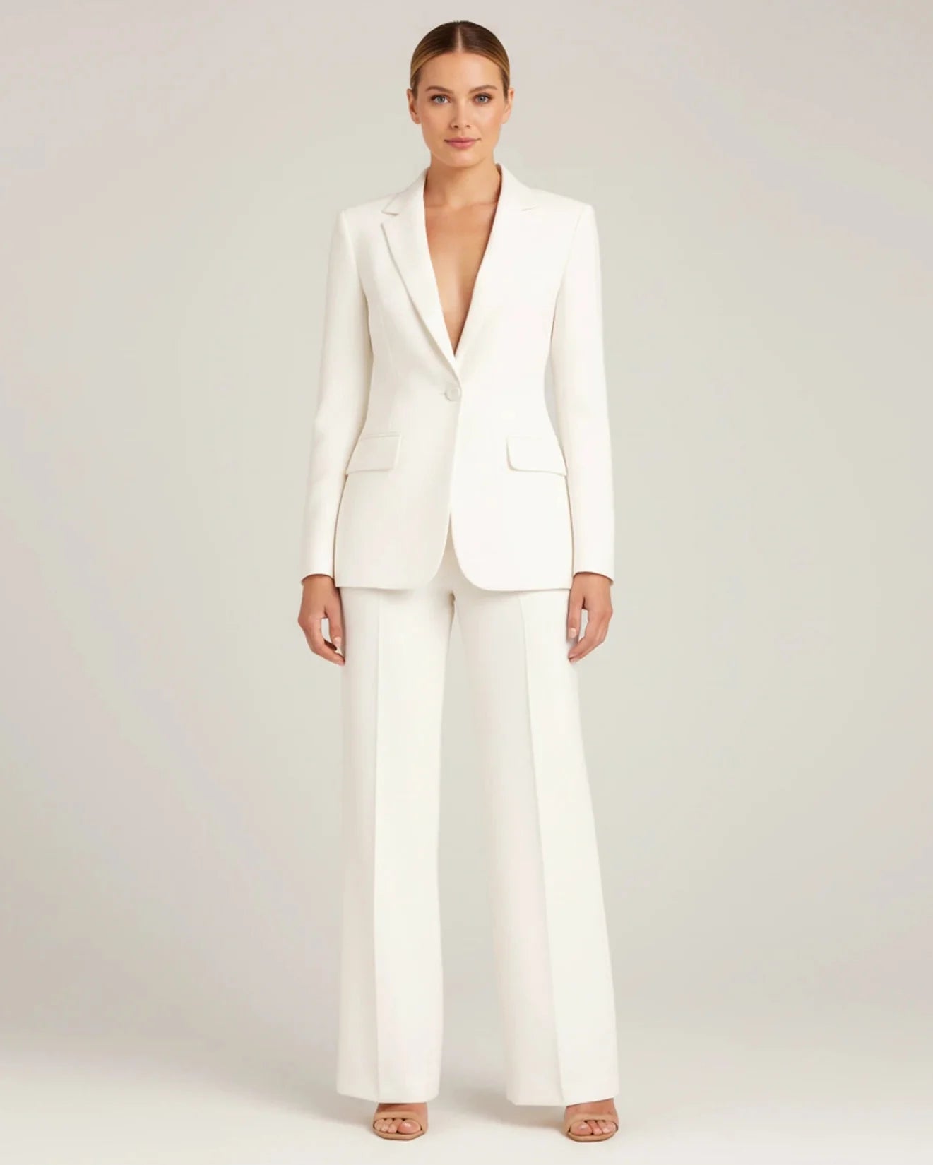 Tailored long blazer suit set with wide leg trousers for women | Vivienne