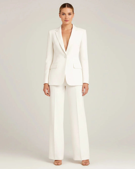Tailored long blazer suit set with wide leg trousers for women | Vivienne