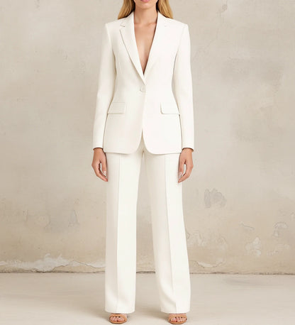 Tailored long blazer suit set with wide leg trousers for women | Vivienne