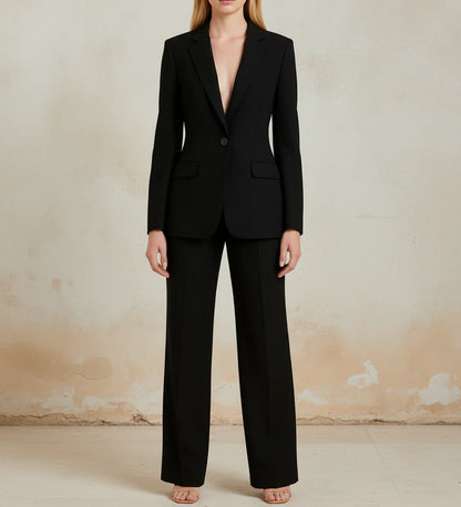 Tailored long blazer suit set with wide leg trousers for women | Vivienne