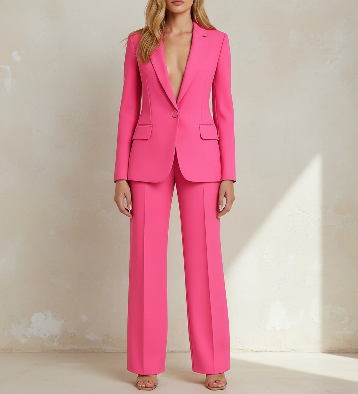 Tailored long blazer suit set with wide leg trousers for women | Vivienne
