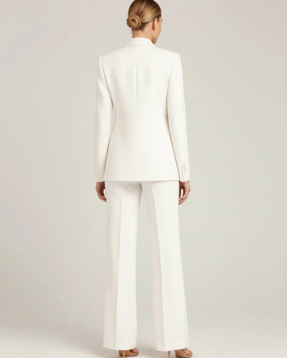 Tailored long blazer suit set with wide leg trousers for women | Vivienne
