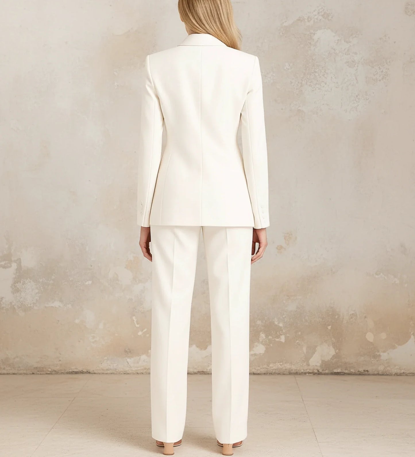 Tailored long blazer suit set with wide leg trousers for women | Vivienne