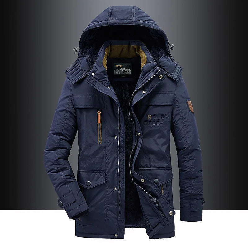 Warm fleece-lined hooded thigh parka for men -2