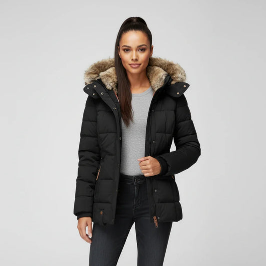 Hooded quilted puffer jacket with fitted silhouette design for women | Aurora